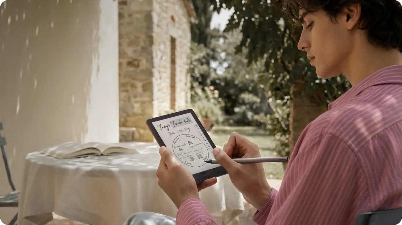 Woman writing notes on BOOX Go 6 Gen II with InkSense Plus stylus