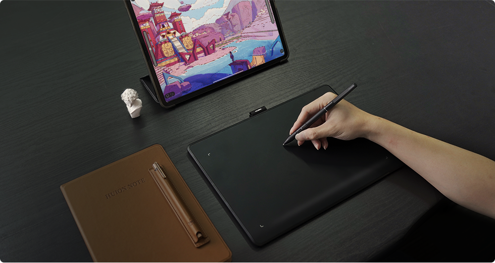 Huion Inspiroy Frego M used for drawing with a mobile device